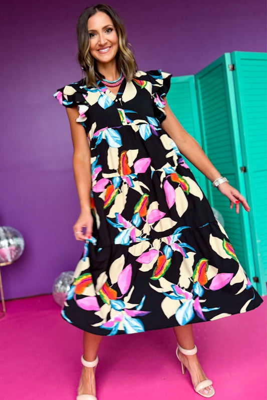 Black Floral Printed Collared Button Front Flutter Sleeve Midi Dress, must have dress, must have style, office style, spring fashion, elevated style, elevated dress, mom style, work dress, shop style your senses by mallory fitzsimmons