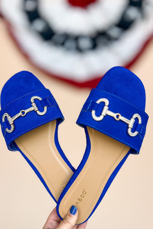 Blue Faux Suede Rhinestone Horsebit Slide Sandals *FINAL SALE*