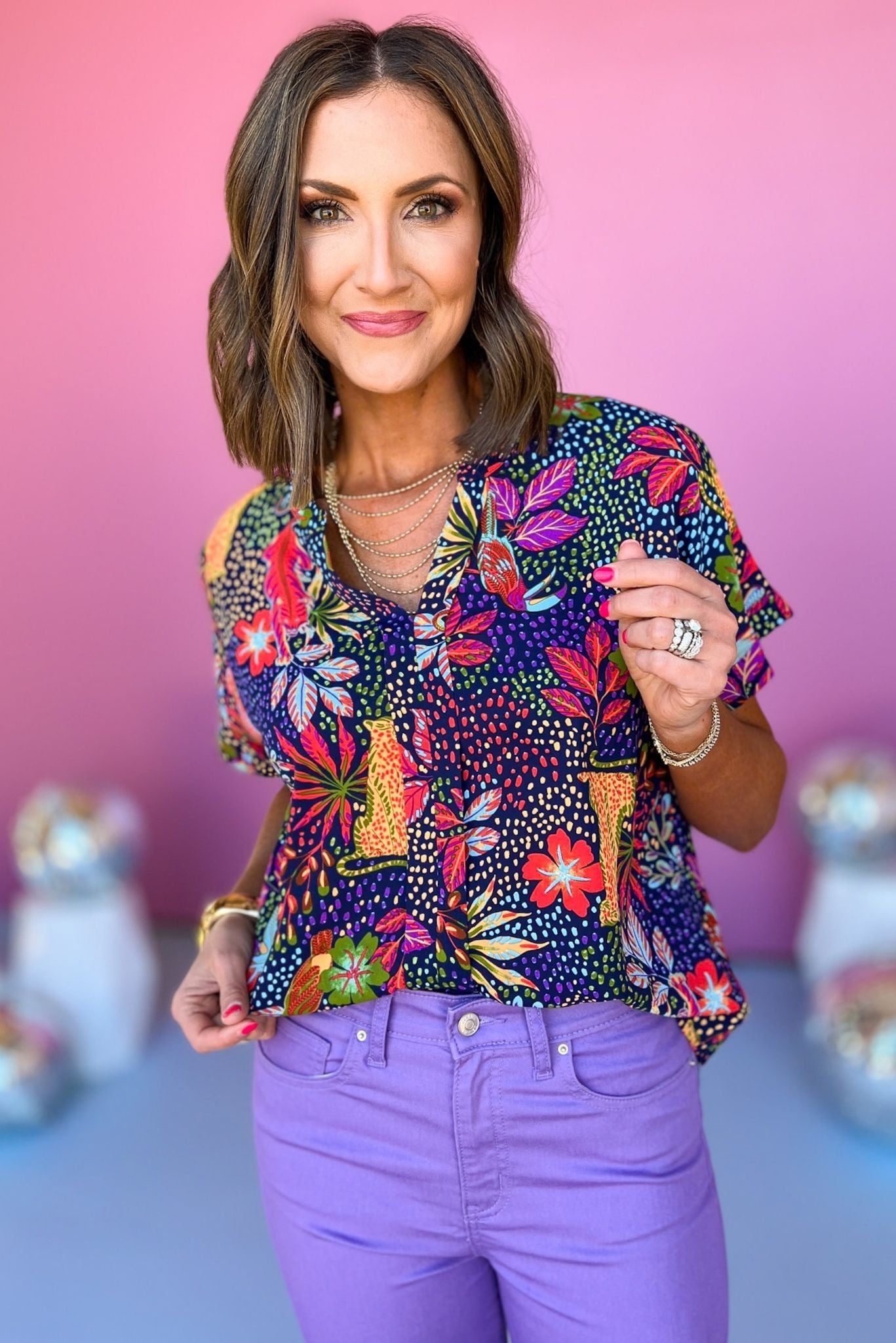 Navy Multi Floral V Neck Short Sleeve Top, must have top, must have style, brunch style, summer style, spring fashion, elevated style, elevated top, mom style, shop style your senses by mallory fitzsimmons, ssys by mallory fitzsimmons