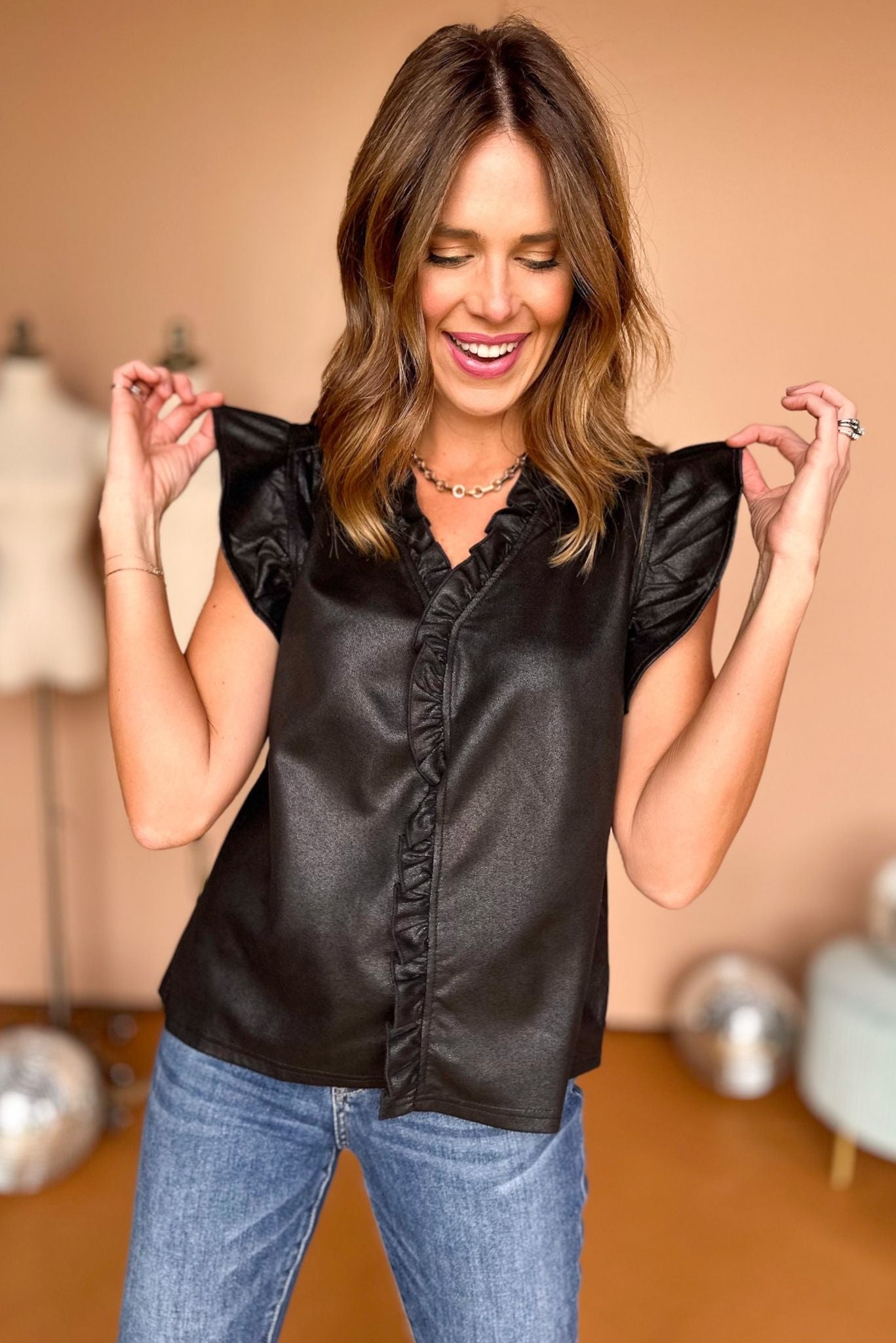 Black Faux Suede Button Front Ruffle Detail Top, must have top, must have style, fall style, fall fashion, elevated style, elevated dress, mom style, fall collection, fall top, shop style your senses by mallory fitzsimmons