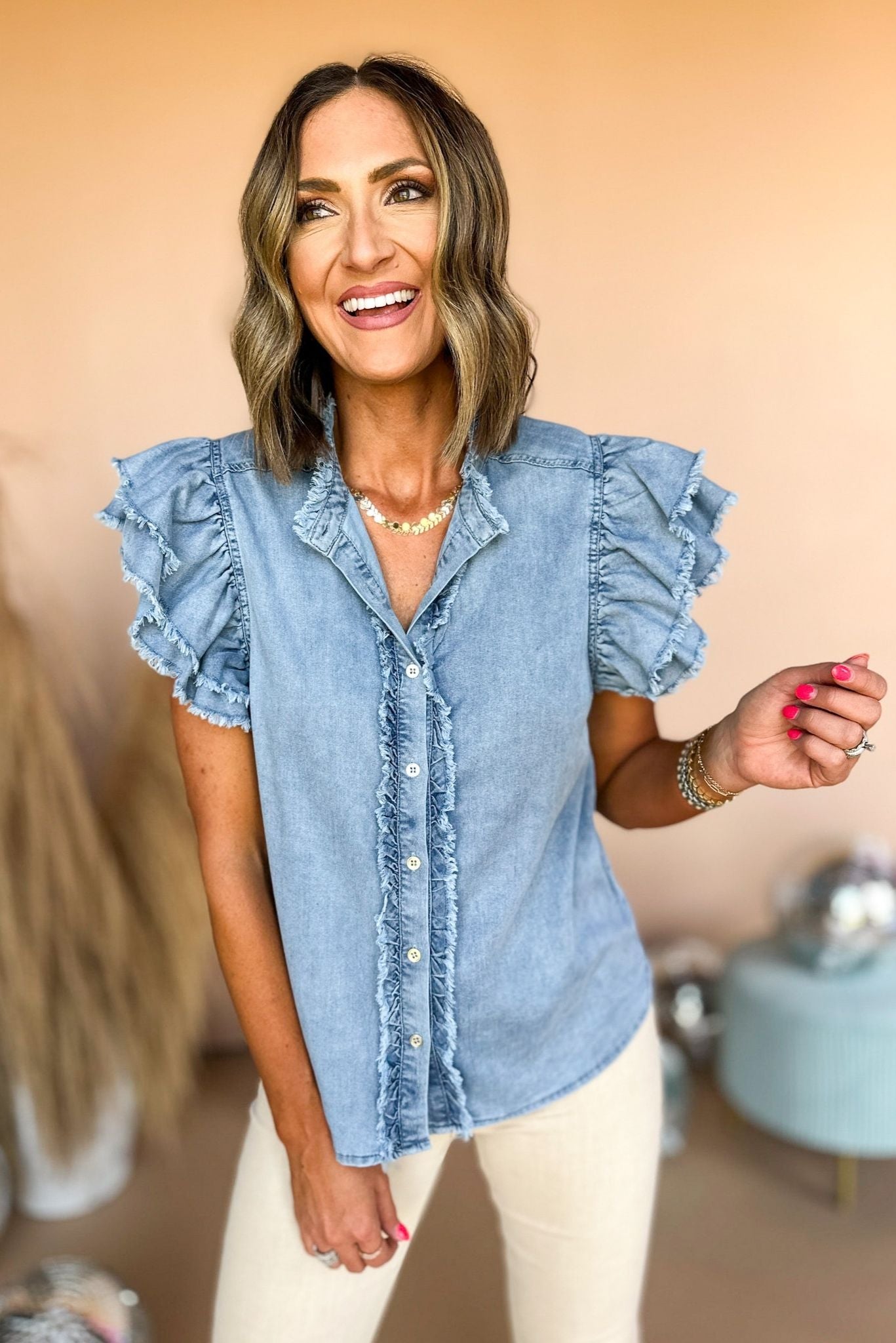 Blue Light Wash Fray Detail Button Front Short Ruffle Sleeve Top, mom chic, mom style, must have top, denim top, fall style, must have fall, must have staple, staple piece, transition piece, shop style your senses by mallory fitzsimmons