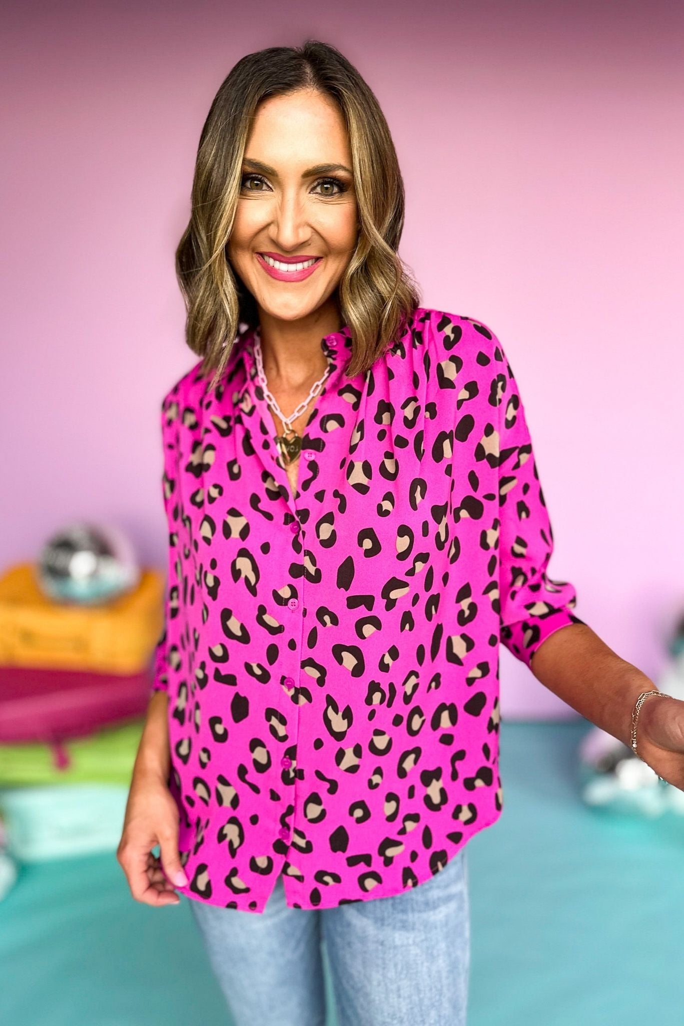 Hot Pink Animal Print Collared Button Down Top, summer top, bright colored top, elevated style, shop style your senses by mallory fitzsimmons