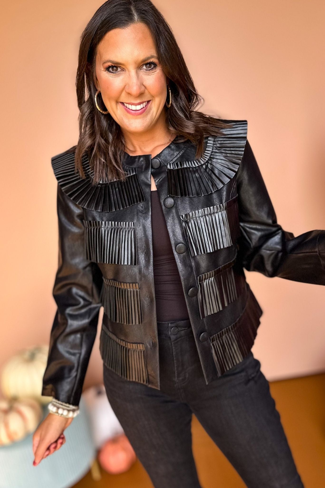  Black Pleat Detail Faux Leather Jacket, must have jacket, must have style, elevated jacket, elevated faux leather, elevated style, mom style, fall fashion, fall style, fall jacket, shop style your senses by mallory fitzsimmons