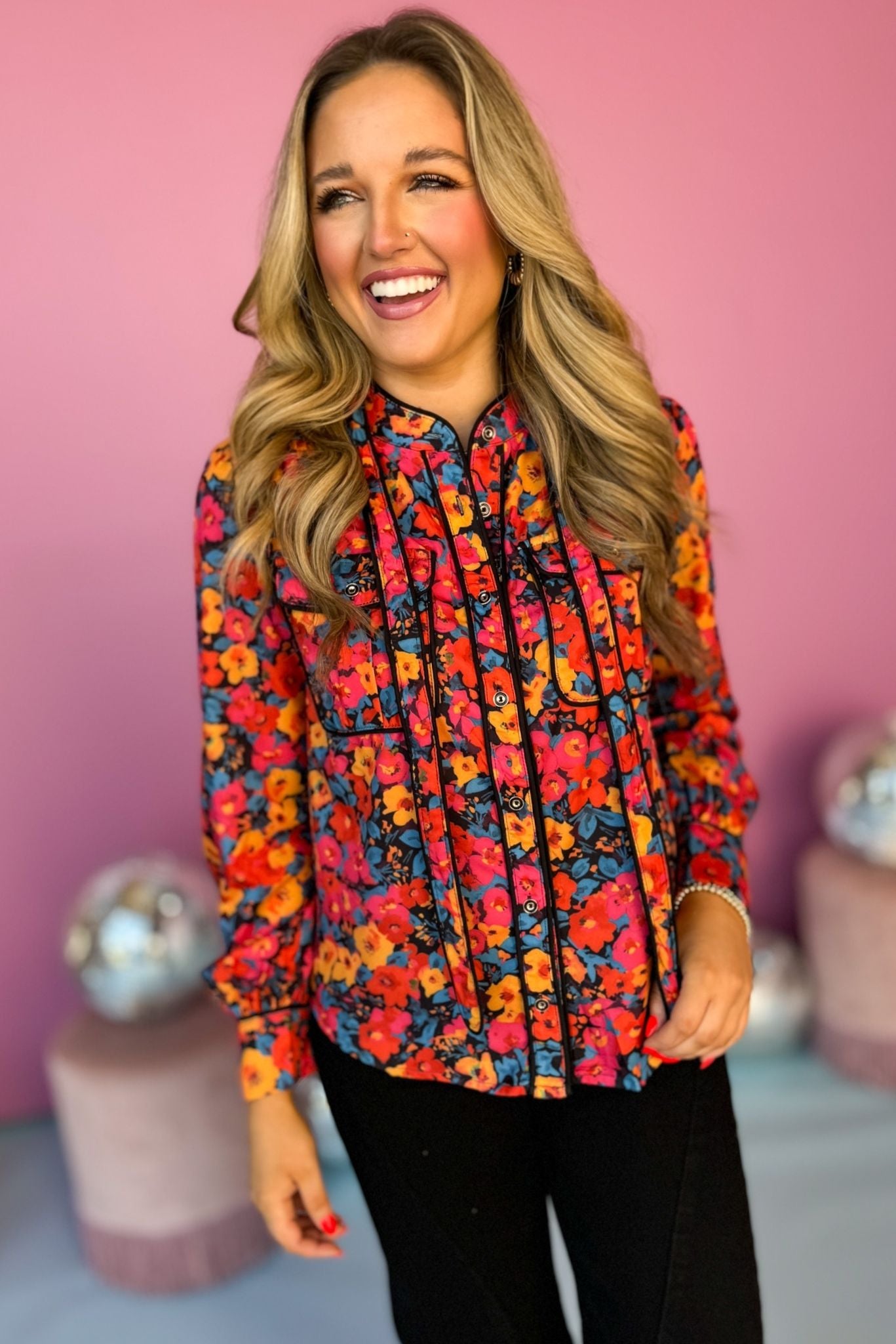 Black Floral Printed Tie Neck Contrast Piping Top, must have top, must have style, office style, winter fashion, elevated style, elevated top, mom style, work top, shop style your senses by mallory fitzsimmons