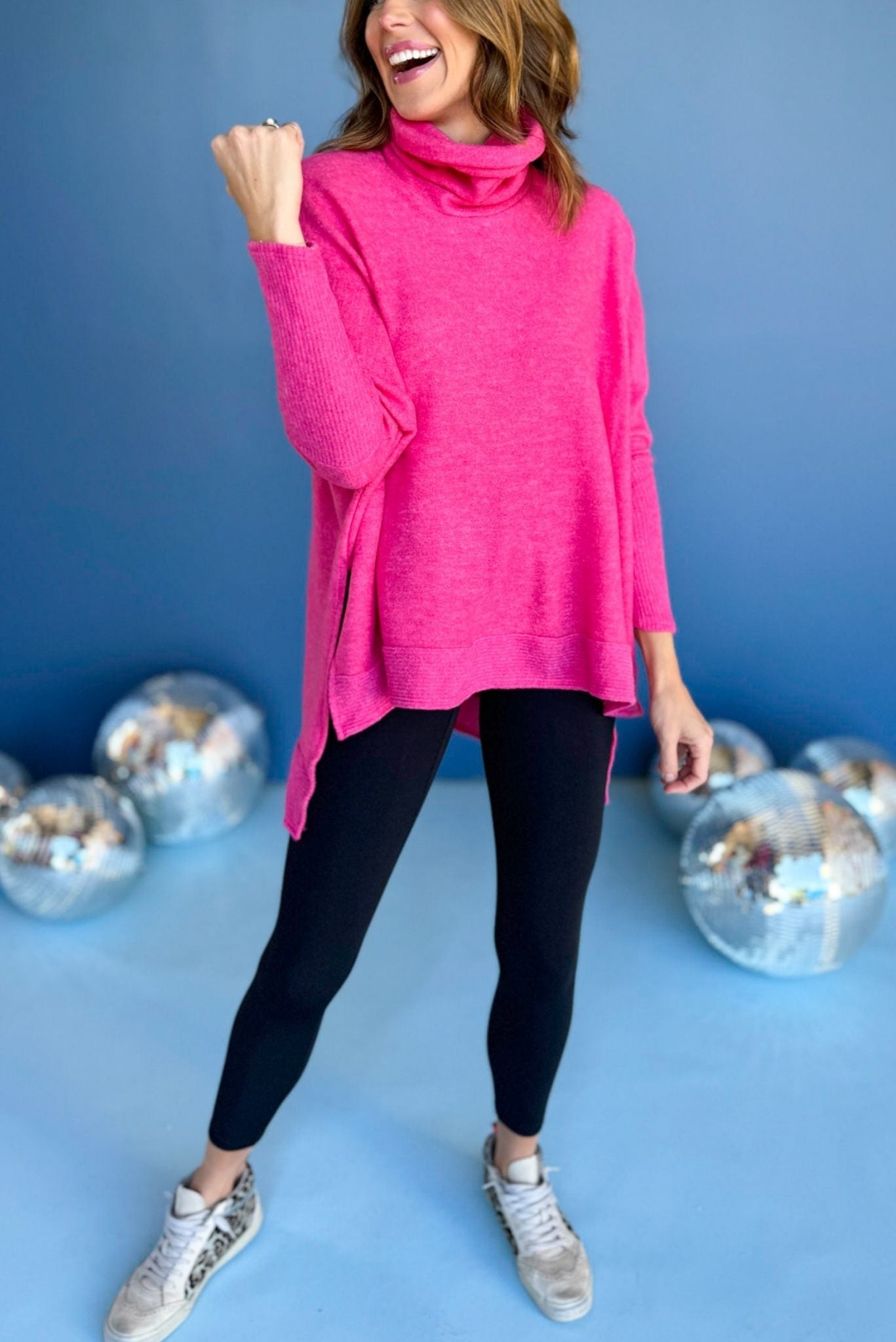 Hot Pink Cowl Neck Top, cozy style, cozy top, must have cozy, must have top, must have style, winter style, winter fashion, elevated style, elevated top, mom style, winter top, shop style your senses by mallory fitzsimmons
