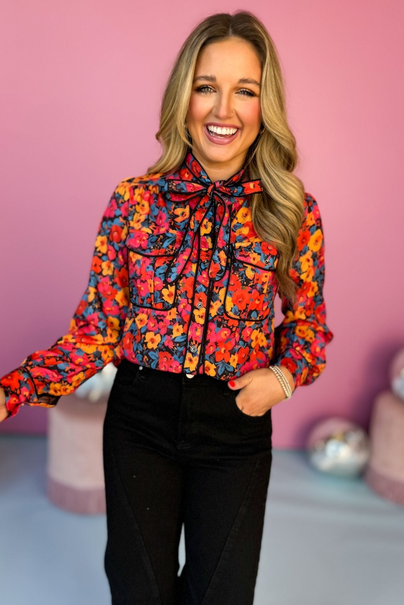 Black Floral Printed Tie Neck Contrast Piping Top, must have top, must have style, office style, winter fashion, elevated style, elevated top, mom style, work top, shop style your senses by mallory fitzsimmons