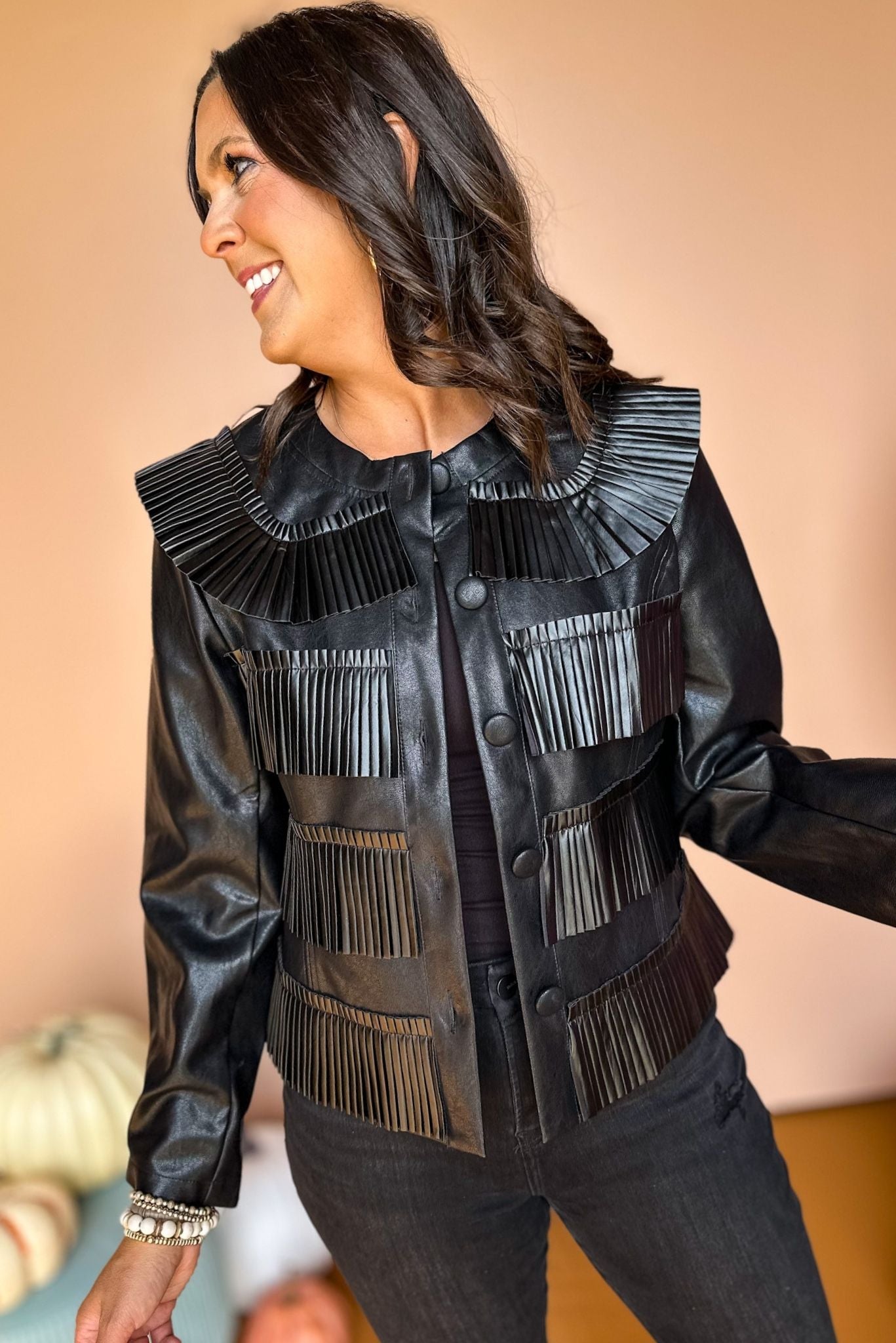 Black Pleat Detail Faux Leather Jacket, must have jacket, must have style, elevated jacket, elevated faux leather, elevated style, mom style, fall fashion, fall style, fall jacket, shop style your senses by mallory fitzsimmons