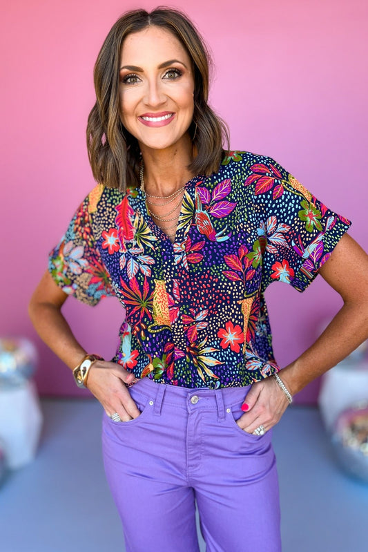  Navy Multi Floral V Neck Short Sleeve Top, must have top, must have style, brunch style, summer style, spring fashion, elevated style, elevated top, mom style, shop style your senses by mallory fitzsimmons, ssys by mallory fitzsimmons