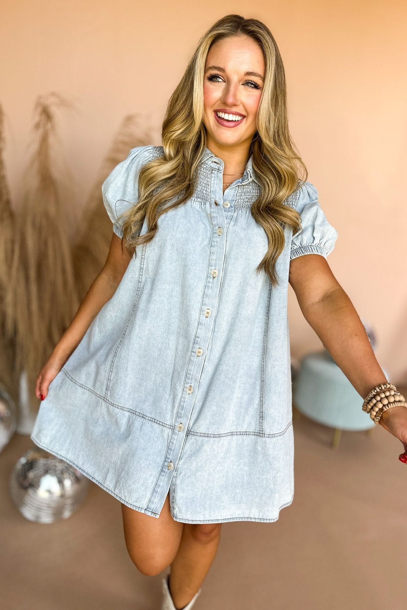 Light Denim Collared Smocked Detail Button Front Short Sleeve Dress, mom style, mom chic, elevated style, carpool chic, must have summer to fall dress, summer to dress style, must have dress, shop style your senses by mallory fitzsimmons