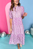 Lilac Mixed Printed High Neck 3/4 Sleeve Tiered Midi Dress, mixed print dress, lilac dress, must have dress, must have style, weekend style, spring fashion, elevated style, elevated dress, mom style, shop style your senses by mallory fitzsimmons, ssys by mallory fitzsimmons