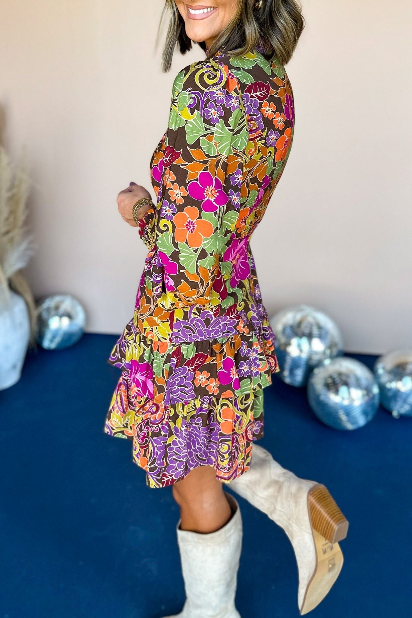 Brown Floral Printed Belted Waist Ruffle Hem Dress, elevated dress, elevaed style, must have dress, must have style, fall dress, printed dress, mom style, fall fashion, shop style your senses by mallory fitzsimmons