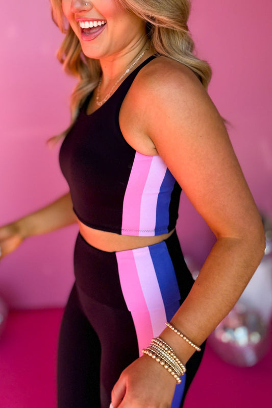  SSYS Lavender and Pink Inset Stripe Black Sports Bra, SSYS the label, must have sports bra, must have style, elevated athleisure, must have athleisure, mom style, active style, must have activewear, shop style your senses by mallory fitzsimmons