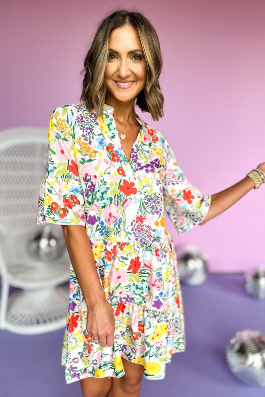 Multi Floral Printed Split Neck Tunic Dress, summer dress, floral dress, church style, shop style your senses by mallory fitzsimmons