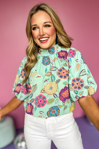 THML Mint Multi Floral Frill Mock Neck Puff Short Sleeve Top – SSYS