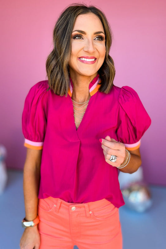THML Magenta Split Neck Collared Striped Detail Short Sleeve Top, must have top, must have style, brunch style, summer style, spring fashion, elevated style, elevated top, mom style, shop style your senses by mallory fitzsimmons, ssys by mallory fitzsimmons