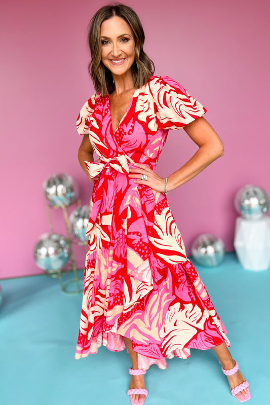 Red Puff Sleeve Faux Wrap Self Tie Ruffled Hem Maxi Dress, tie dress, printed dress, spring dress, church dress, spring style, church style, elevated style, mom style, shop style your senses by mallory fitzsimmons, ssys by mallory fitzsimmons