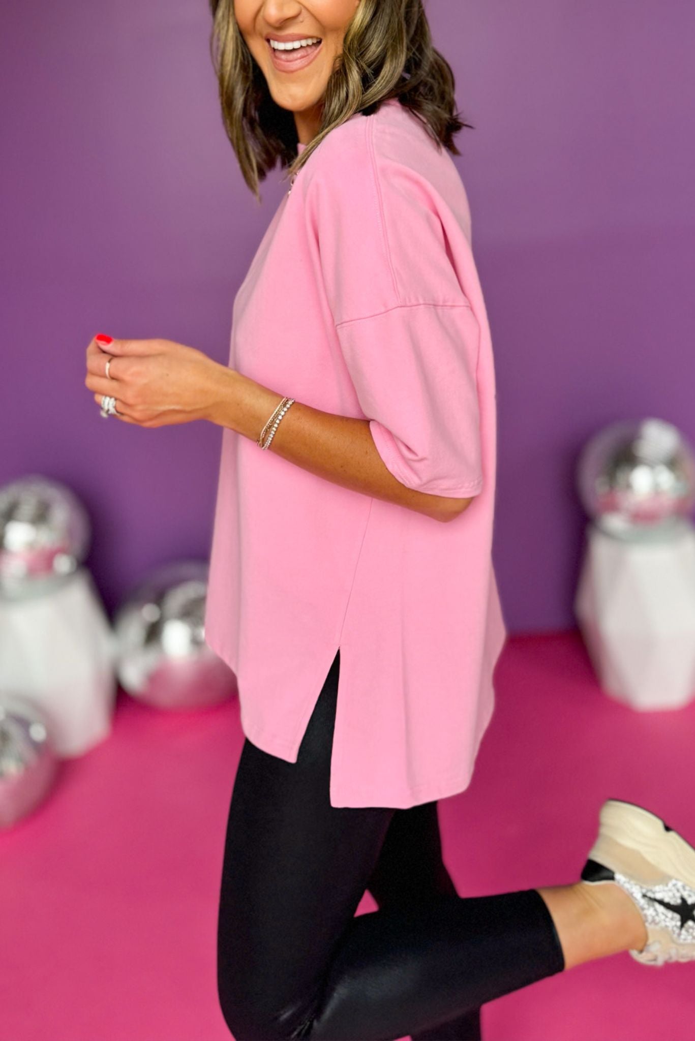 SSYS Light Pink Longline Short Sleeve Side Slit Top, must have top, elevated top, comfortable top, throw on and go, must have athleisure, elevated athleisure, mom style, comfortable style, shop style your senses by mallory fitzsimmons