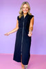 Black Sleeveless Zip Up Midi Dress, front slit, v-neck, elevated casual wear, work dress, church dress, date night, ssys by mallory fitzsimmons