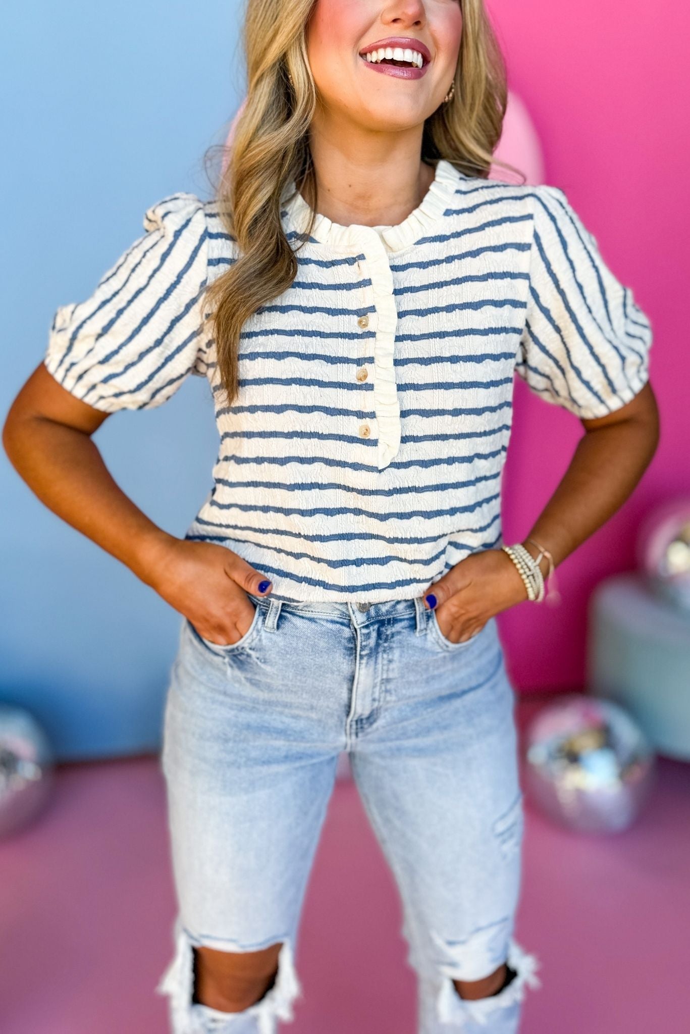 Blue Striped Ruffled Neck Button Front Knit Top, must have top, must have style, brunch style, summer style, spring fashion, elevated style, elevated top, mom style, shop style your senses by mallory fitzsimmons, ssys by mallory fitzsimmons