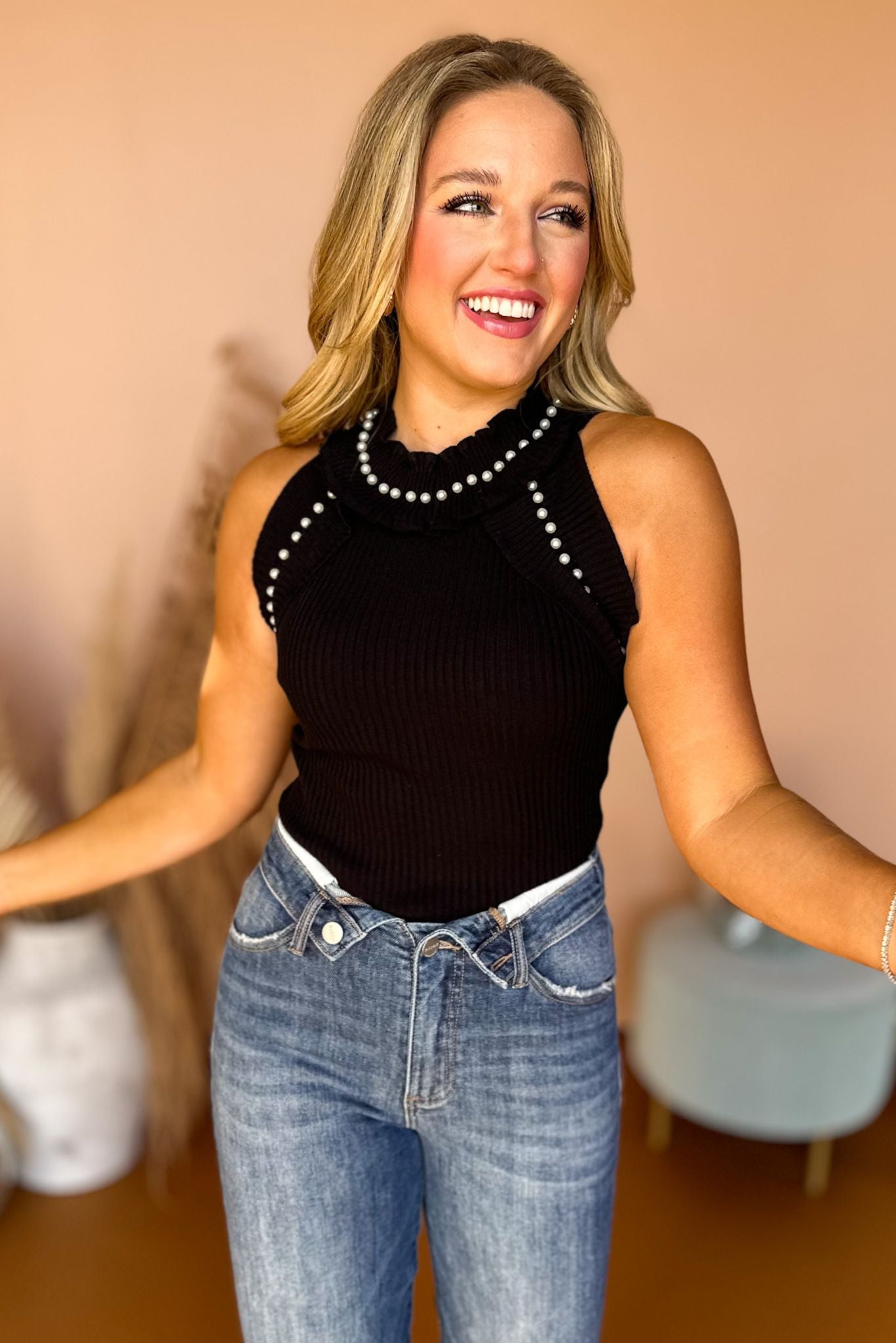 Black Pearl Embellished Ruffle Halter Top, must have top, must have style, must have fall, fall collection, fall fashion, elevated style, elevated top, mom style, fall style, shop style your senses by mallory fitzsimmons