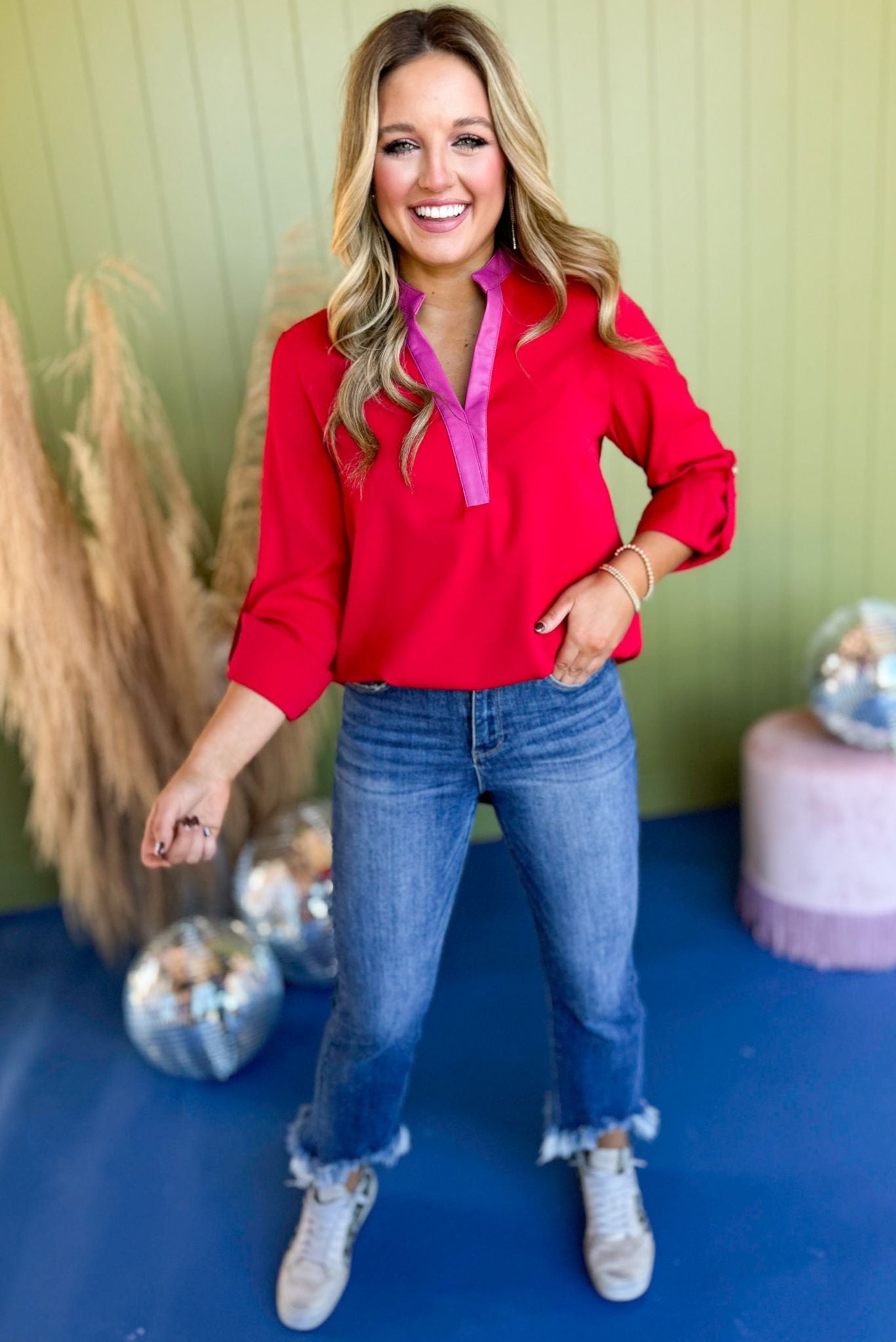 SSYS The Rose Faux Leather Trim Top In Red, SSYS the label, must have top, must have style, fall style, fall fashion, elevated style, elevated top, mom style, fall collection, fall top, shop style your senses by mallory fitzsimmons