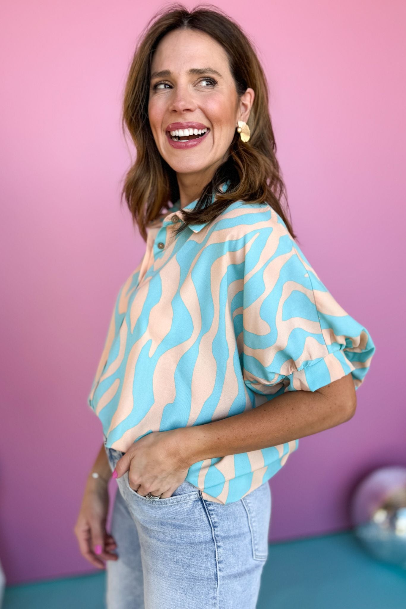 Teal Coral Short Sleeve Collared Button Down Top, must have top, must have style, brunch style, summer style, spring fashion, elevated style, elevated top, mom style, shop style your senses by mallory fitzsimmons, ssys by mallory fitzsimmons