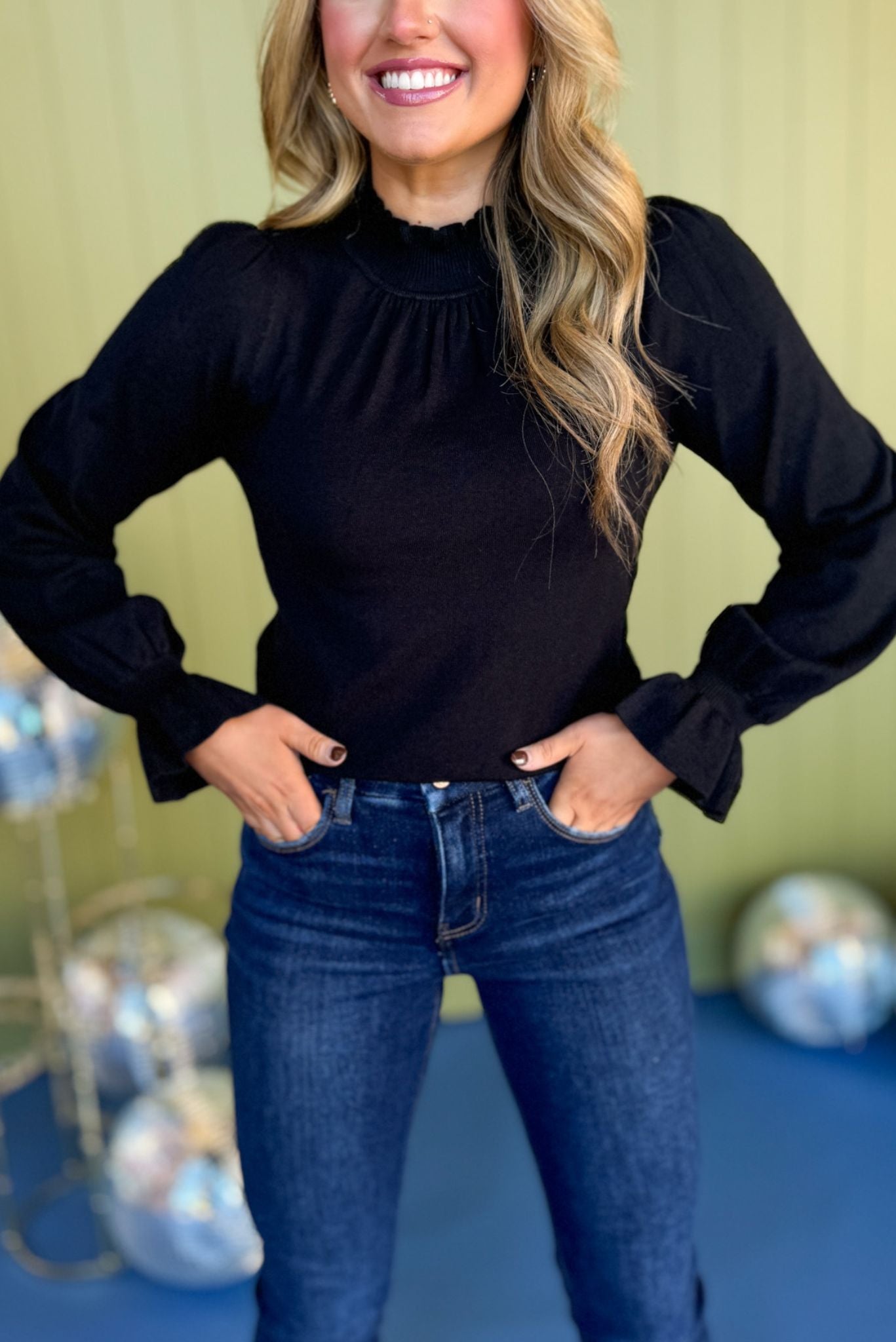 Black Frilled Neck Long Sleeve Sweater Top, must have sweater, must have style, winter style, winter fashion, elevated style, elevated dress, mom style, winter collection, winter sweater, shop style your senses by mallory fitzsimmons