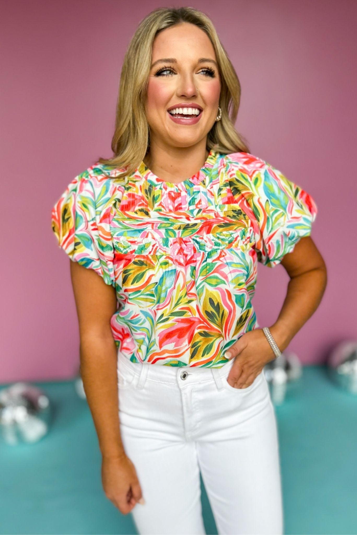 THML White Multi Print Short Puff Sleeve Top, theme top, printed top, must have top, must have style, summer style, spring fashion, elevated style, elevated top, mom style, shop style your senses by mallory fitzsimmons, ssys by mallory fitzsimmons  Edit alt text