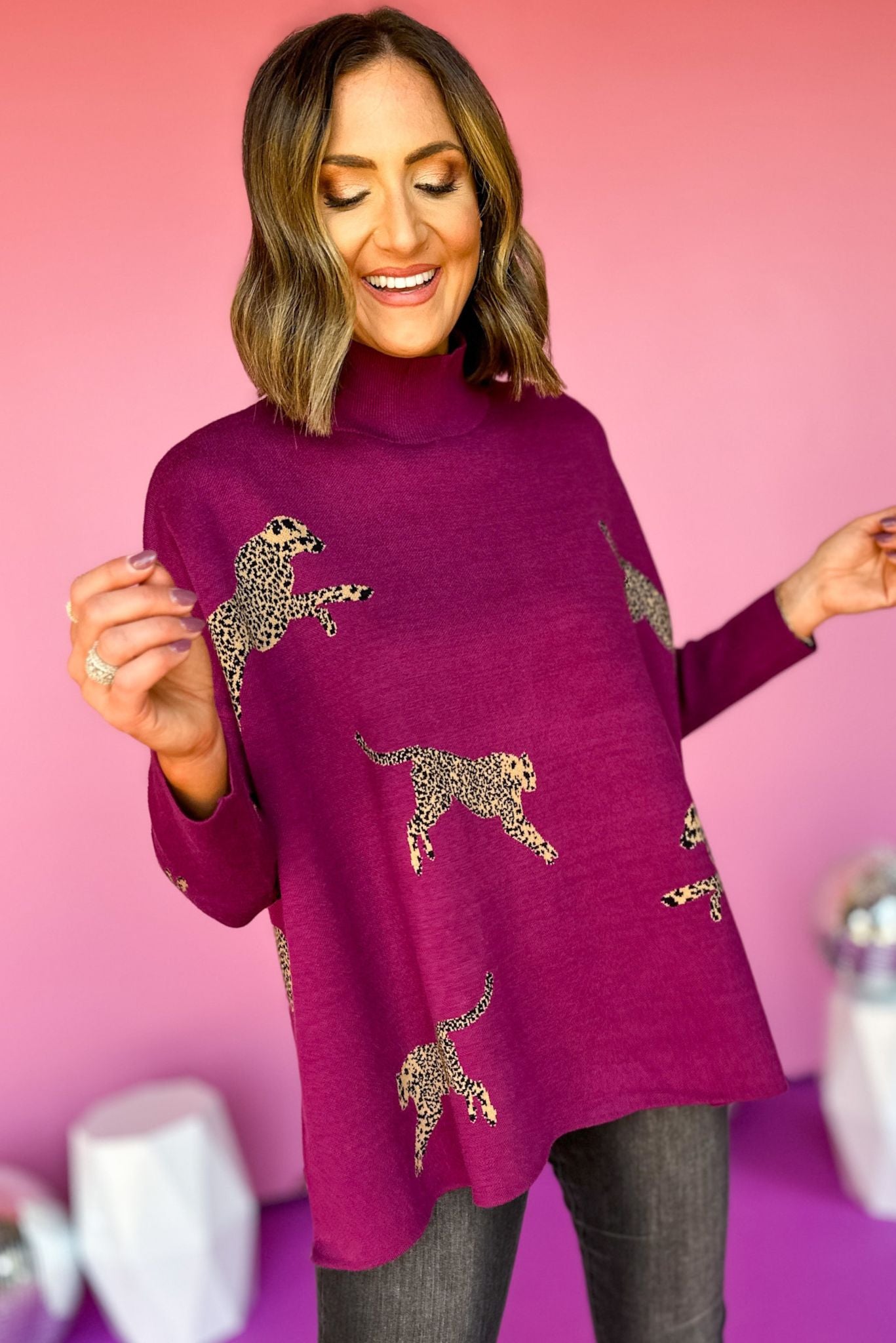 Purple Mock Neck Side Slit Animal Sweater, elevated sweater, elevated stye, must have sweater, must have style, printed sweater, fall sweater, fall fashion, mom style, shop style your senses by mallory fitzsimmons