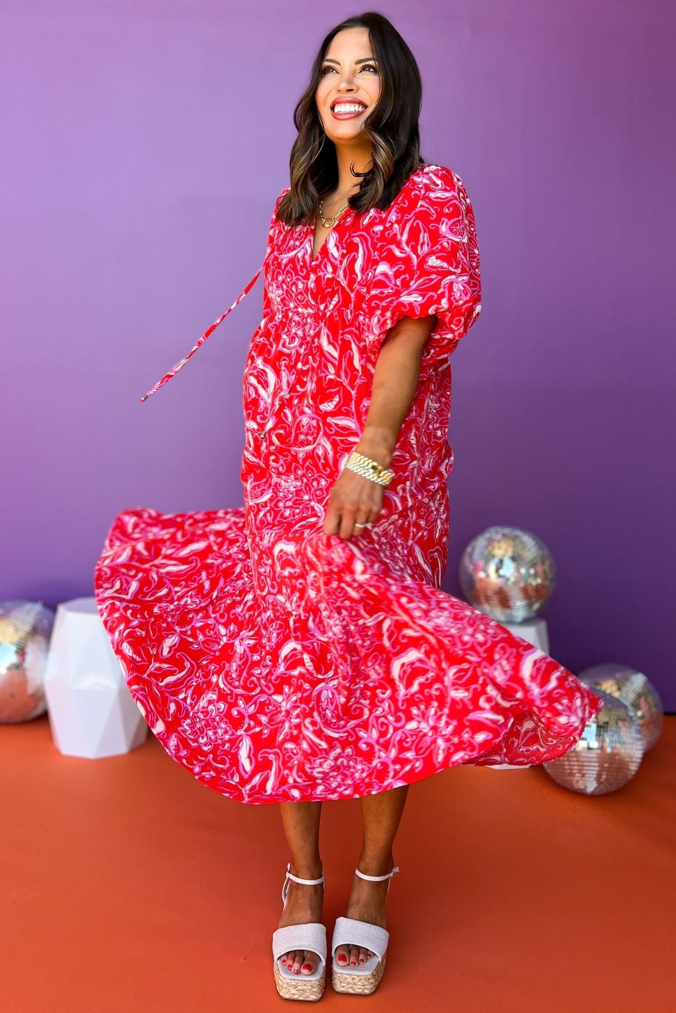 Red Print Self-Tie Front Detail Elastic Short Sleeve Midi Dress
