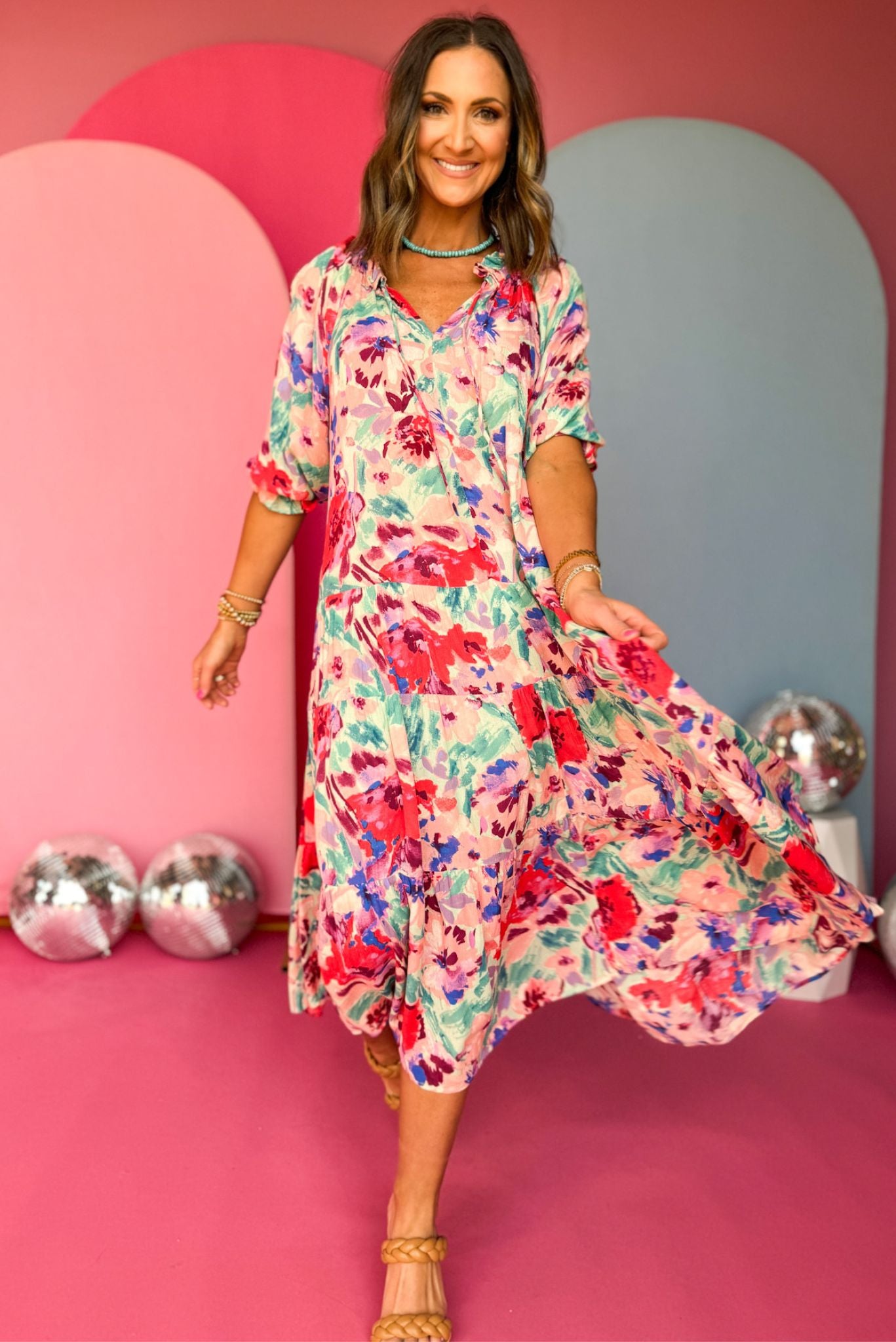 Aqua Multi Floral Frill V Neck Midi Dress, must have dress, must have style, office style, spring fashion, elevated style, elevated dress, mom style, work dress, shop style your senses by mallory fitzsimmons