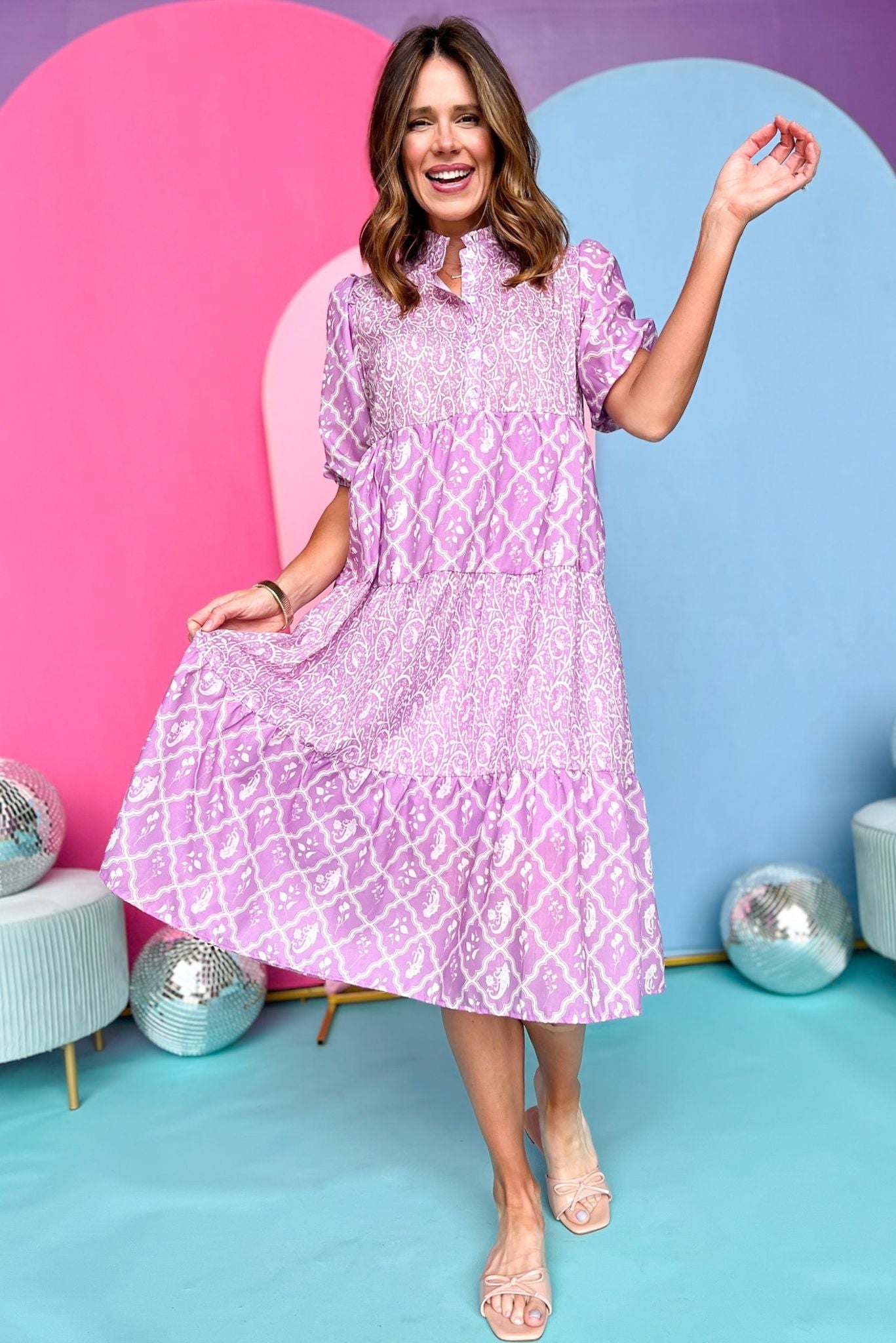 Lilac Mixed Printed High Neck 3/4 Sleeve Tiered Midi Dress SSYS Lilac Mixed Printed High Neck 3/4 Sleeve Tiered Midi Dress SSYS