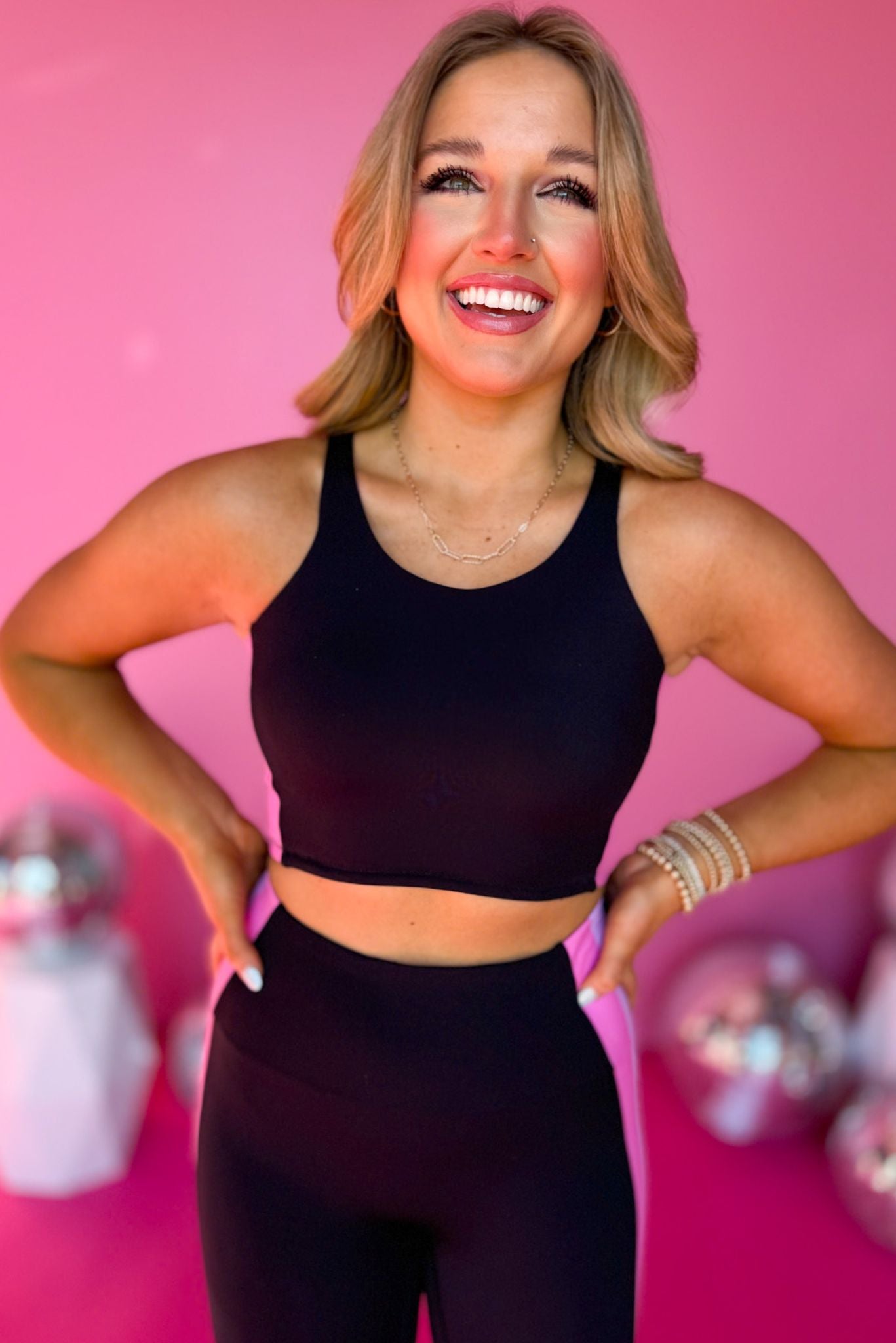 SSYS Lavender and Pink Inset Stripe Black Sports Bra, SSYS the label, must have sports bra, must have style, elevated athleisure, must have athleisure, mom style, active style, must have activewear, shop style your senses by mallory fitzsimmons