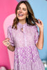 Lilac Mixed Printed High Neck 3/4 Sleeve Tiered Midi Dress, mixed print dress, lilac dress, must have dress, must have style, weekend style, spring fashion, elevated style, elevated dress, mom style, shop style your senses by mallory fitzsimmons, ssys by mallory fitzsimmons