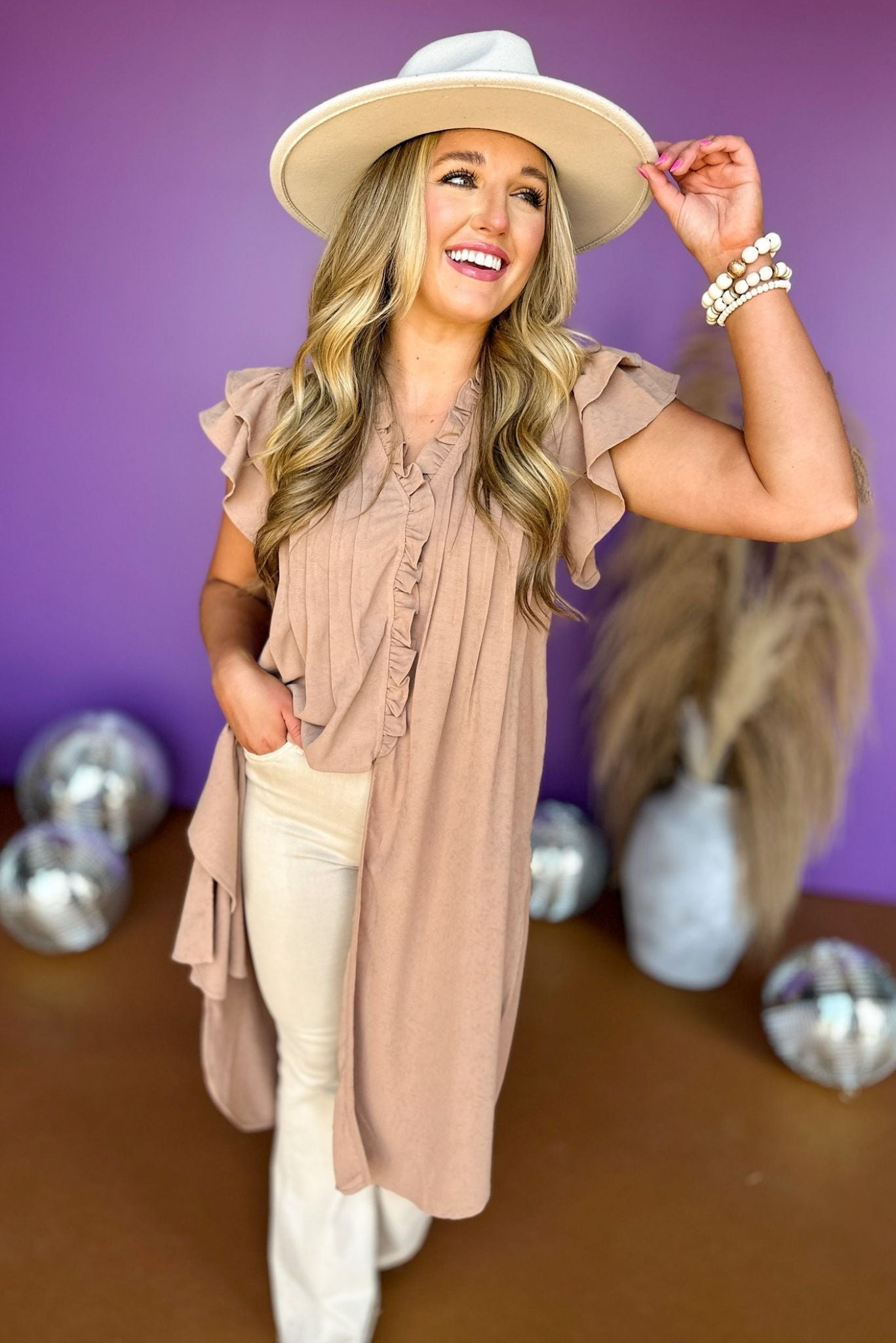 Camel Button Front Pleated Short Ruffle Sleeve Tunic Top, must have top, tunic top, must have style, concert style, western style, elevated style, mom style, festival style, fall style, shop style your senses by mallory fitzsimmons