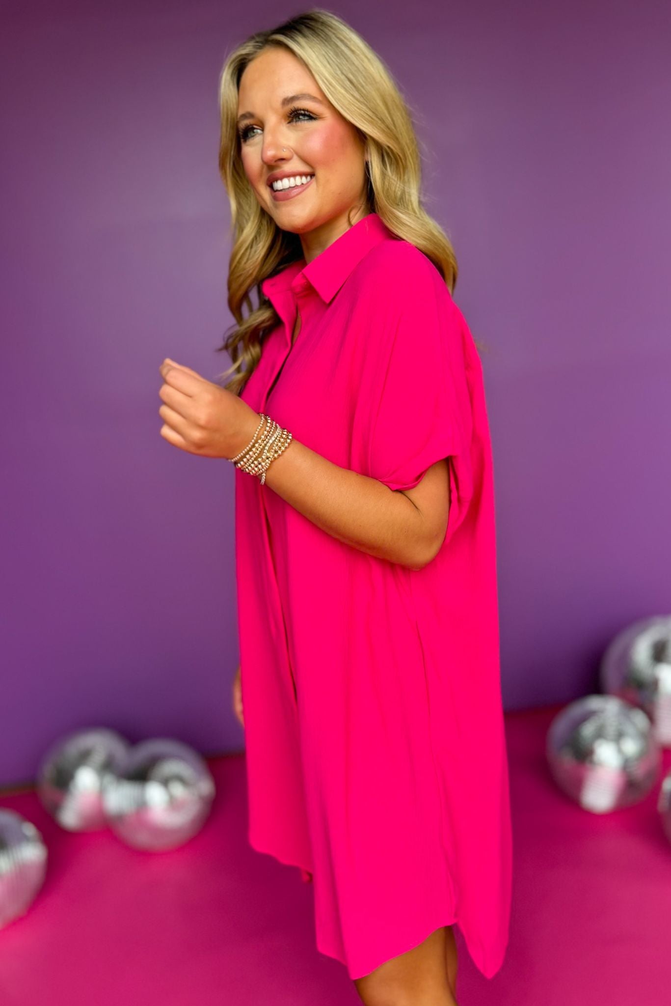 Fuchsia Collared Button Down High Low Hem Shirt Dress, dress, collared dress, button down dress, collared button down dress, high low hem dress, shirt dress, fuchsia dress, fuchsia shirt dress, fuchsia collared dress, fuchsia button down dress, must have dress, elevated dress, elevated style, summer dress, summer style, Shop Style Your Senses by Mallory Fitzsimmons, SSYS by Mallory Fitzsimmons