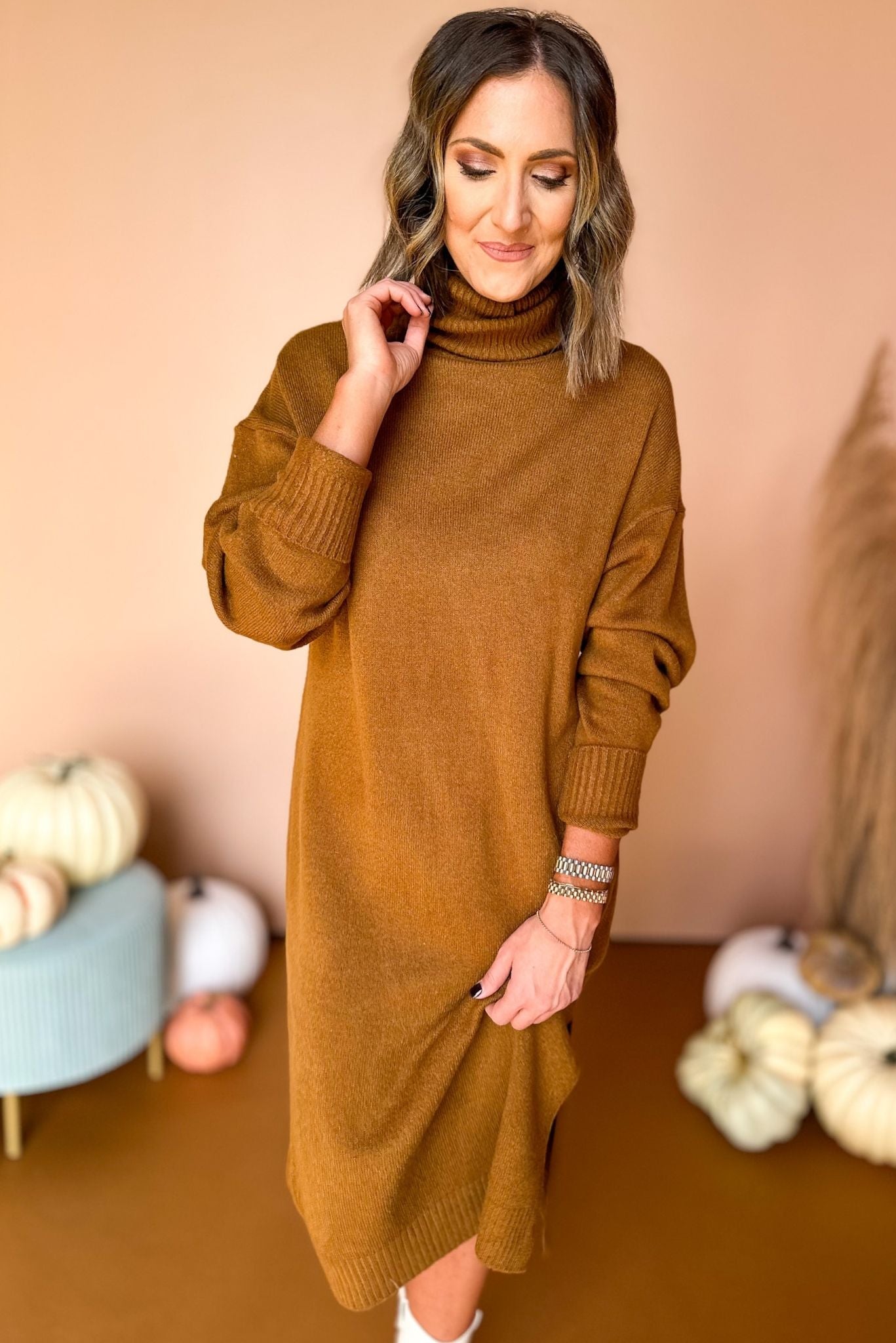 Brown Turtleneck Sweater Midi Dress, must have dress, must have style, fall style, fall fashion, elevated style, elevated dress, mom style, fall collection, fall dress, shop style your senses by mallory fitzsimmons
