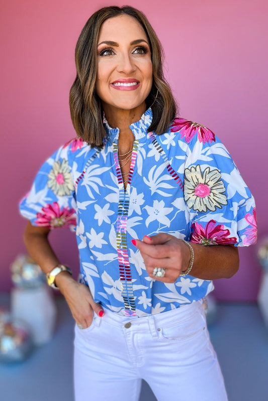 Integrated with Shopify THML Blue Puff Sleeve Embroidered Floral Print Top, thml top, floral top, must have top, must have style, brunch style, summer style, spring fashion, elevated style, elevated top, mom style, shop style your senses by mallory fitzsimmons, ssys by mallory fitzsimmons