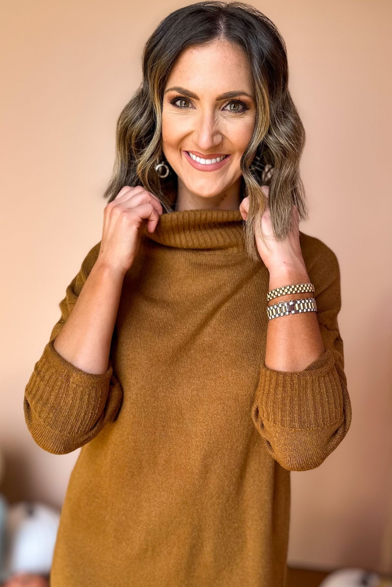 Brown Turtleneck Sweater Midi Dress, must have dress, must have style, fall style, fall fashion, elevated style, elevated dress, mom style, fall collection, fall dress, shop style your senses by mallory fitzsimmons
