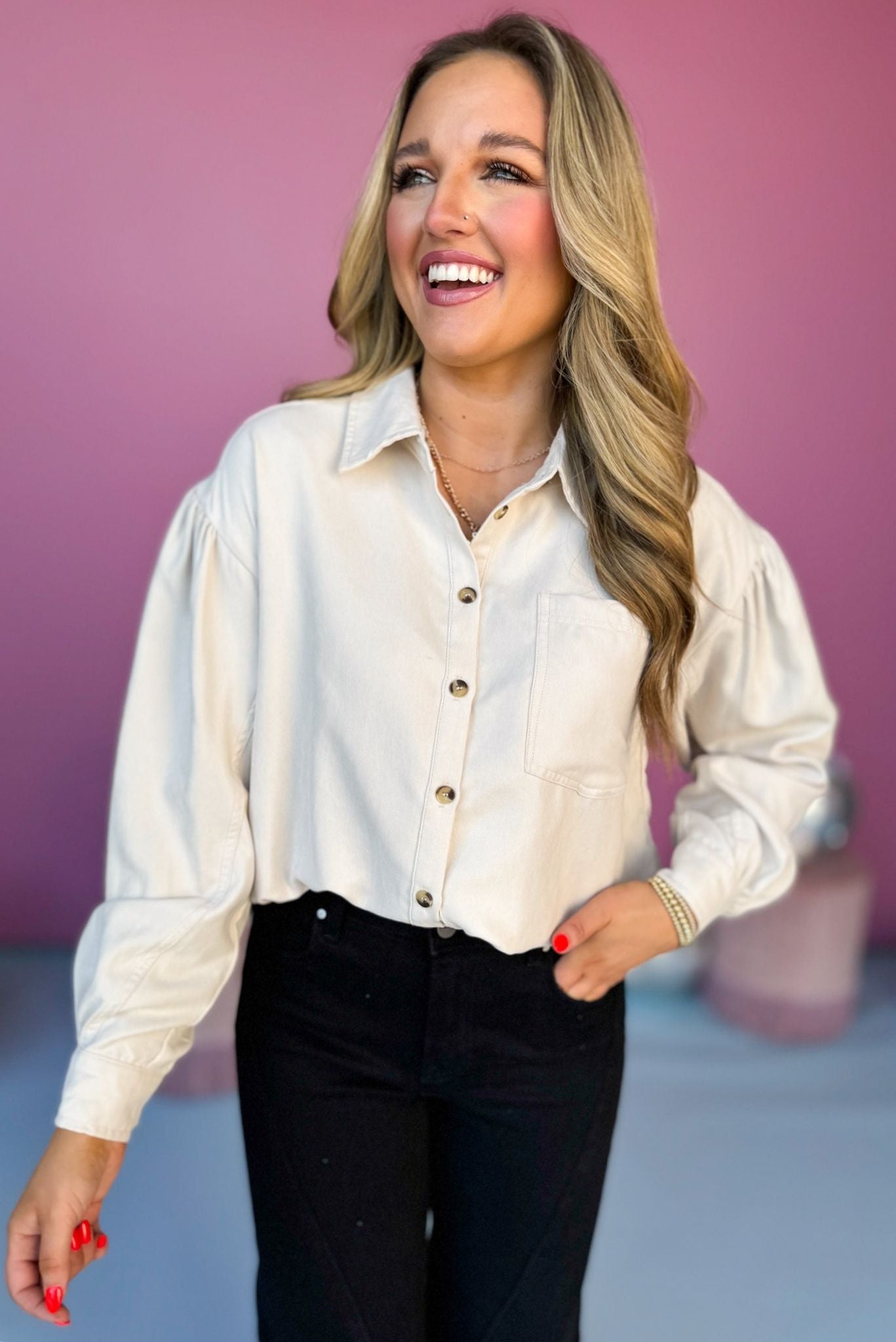 Off White Faux Suede Collared Button Front Long Sleeve Top, must have top, must have style, office style, winter fashion, elevated style, elevated top, mom style, work top, shop style your senses by mallory fitzsimmons