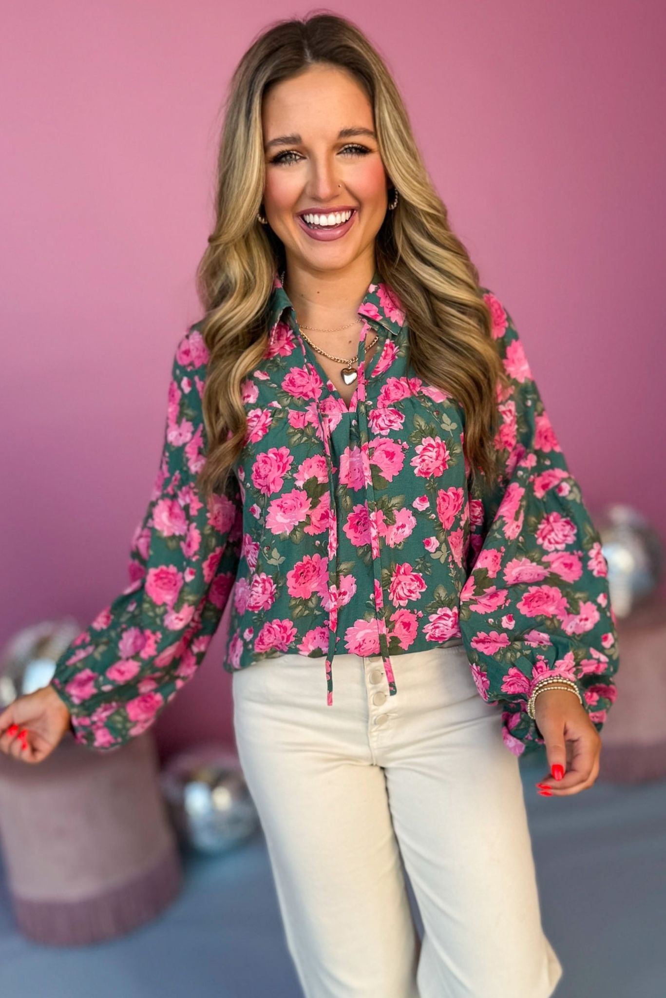 Green Floral Printed Collared Tie Neck Peasant Long Sleeve Top, must have top, must have style, office style, winter fashion, elevated style, elevated top, mom style, work top, shop style your senses by mallory fitzsimmons