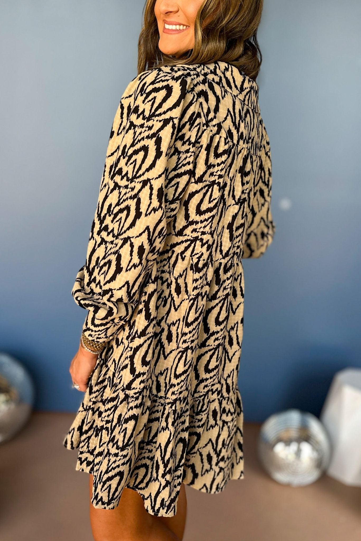 THML Black Abstract Printed Button Front Tiered Long Sleeve Dress, elevated style, elevated dress, must have dress, must have print, THML dress, mom style, chic look ,fall dress, fall style, shop style your senses by mallory fitzsimmons