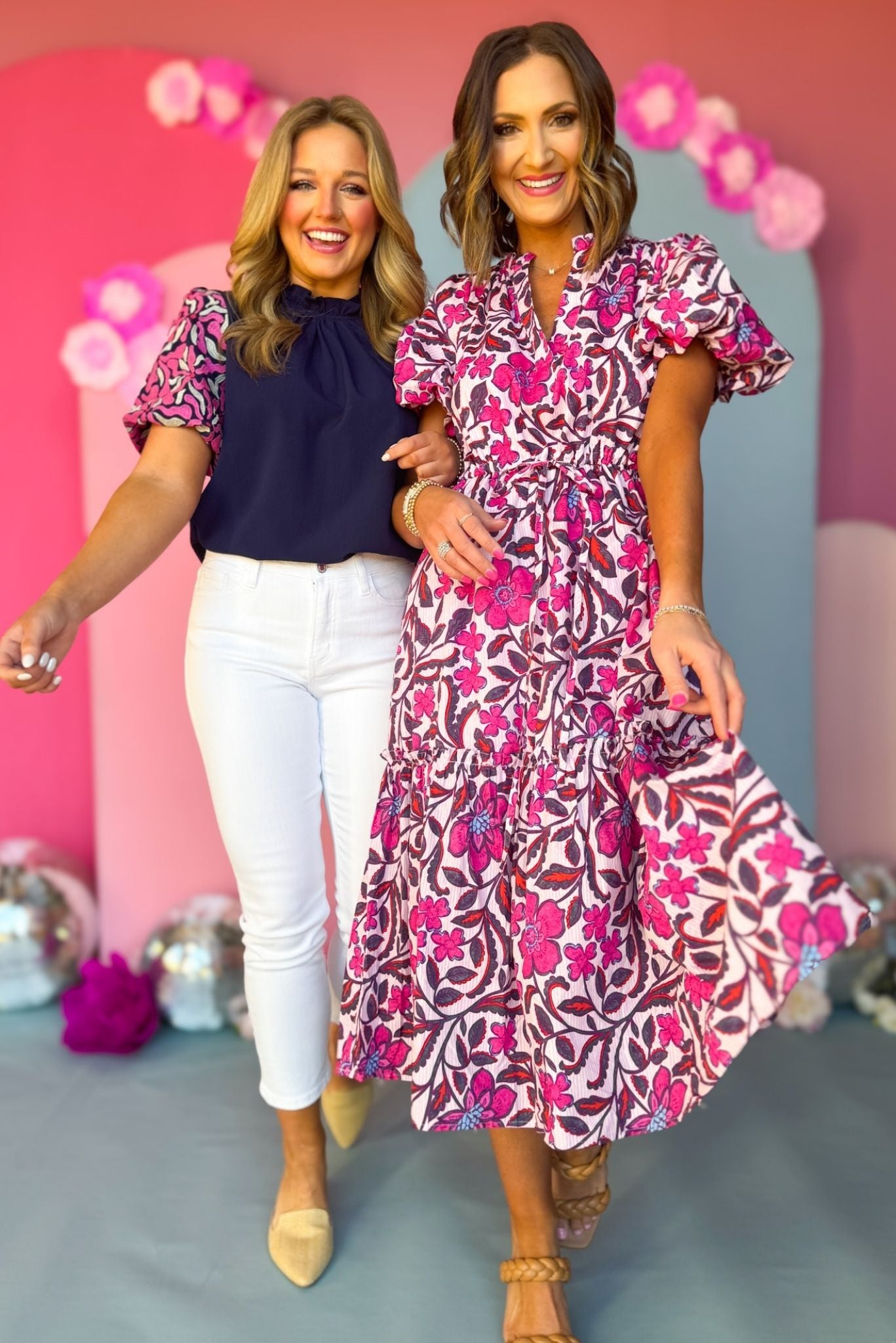 Pink Floral Printed Split Neck Bubble Sleeve Midi Dress, midi dress, floral dress, spring floral, must have dress, must have style, church style, spring fashion, elevated style, elevated dress, mom style, work dress, shop style your senses by mallory fitzsimmons