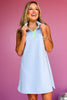 SSYS The Zoey Ruffle Collar Neon Zipper Dress In Light Blue, ssys the label, must have dress, ssys scuba, scuba dress, elevated dress, neon zipper, ruffle collar, mom style, summer style, summer dress, athletic dress, shop style your senses by Mallory Fitzsimmons