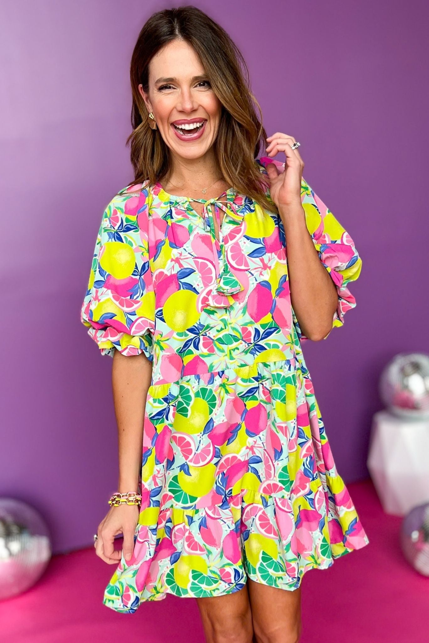 Pink Fruit Printed Short Balloon Sleeve Tiered Dress *FINAL SALE* SSYS Pink Fruit Printed Short Balloon Sleeve Tiered Dress *FINAL SALE* SSYS