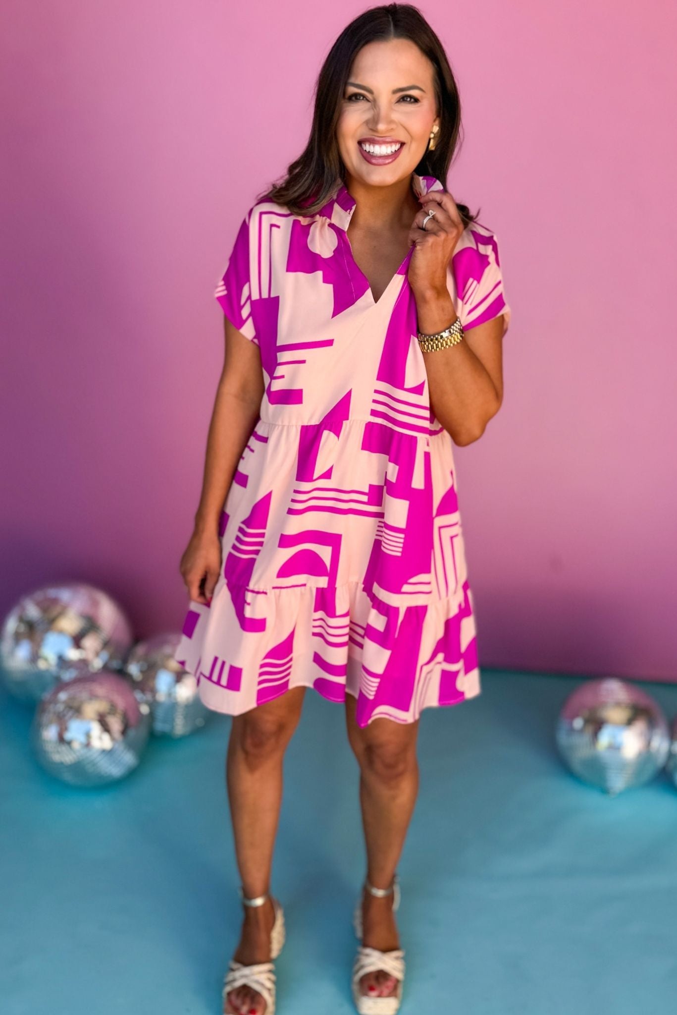 THML Magenta Frill V Neck Short Sleeve Print Dress, thml dress, printed dress, must have dress, must have style, weekend style, brunch style, spring fashion, elevated style, elevated style, mom style, shop style your senses by mallory fitzsimmons, ssys by mallory fitzsimmons