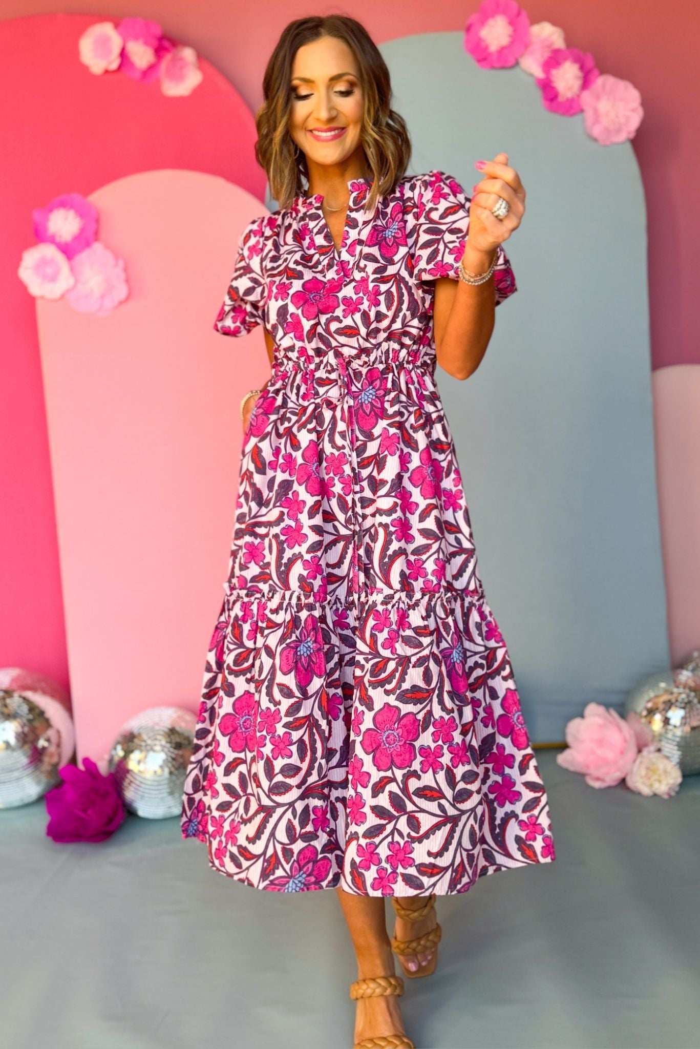 Pink Floral Printed Split Neck Bubble Sleeve Midi Dress, midi dress, floral dress, spring floral, must have dress, must have style, church style, spring fashion, elevated style, elevated dress, mom style, work dress, shop style your senses by mallory fitzsimmons