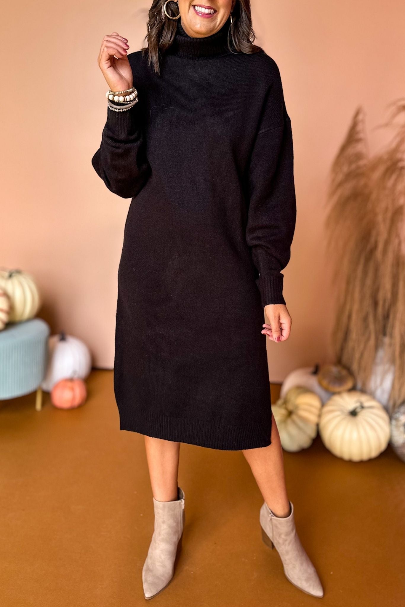 Black Turtleneck Sweater Midi Dress, must have dress, must have style, fall style, fall fashion, elevated style, elevated dress, mom style, fall collection, fall dress, shop style your senses by mallory fitzsimmons