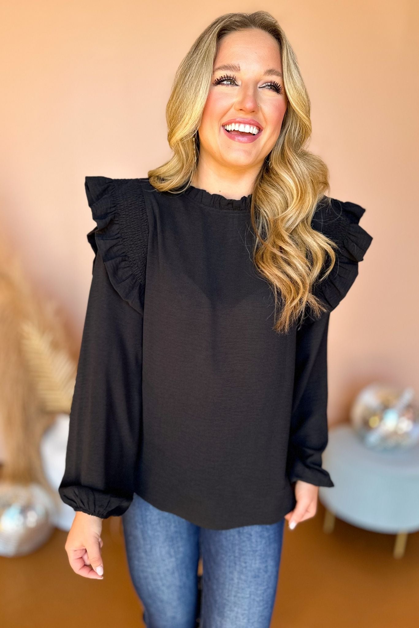 Black Frilled Neck Ruffled Shoulder Long Sleeve Top, must have top, must have style, must have fall, fall collection, fall fashion, elevated style, elevated top, mom style, fall style, shop style your senses by mallory fitzsimmons