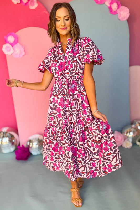  Pink Floral Printed Split Neck Bubble Sleeve Midi Dress, midi dress, floral dress, spring floral, must have dress, must have style, church style, spring fashion, elevated style, elevated dress, mom style, work dress, shop style your senses by mallory fitzsimmons
